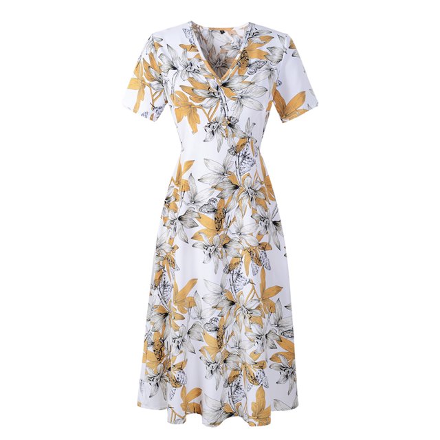 Pompotops Robe Décontractée à Manches Courtes Imprimée Florale Boho Col en V