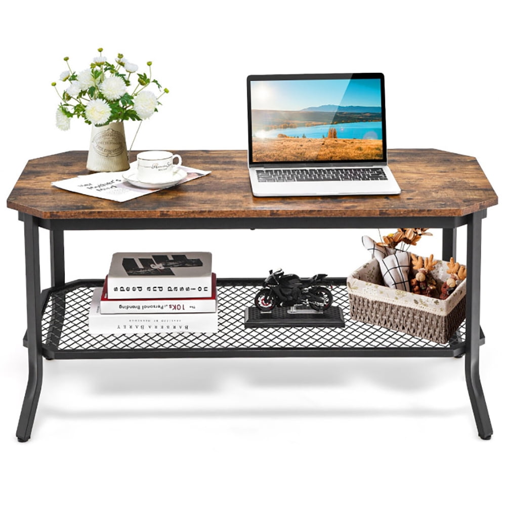 Finihen Rectangular Coffee Table, 2-Tier Cocktail Table, 2-Tier Industrial Coffee Table with Open Mesh Storage Shelf, for Living Room, Reception Room, Rustic Brown Finihen Rectangular Coffee Table, 2-Tier Cocktail Table, 2-Tier Industrial Coffee Table with Open Mesh Storage Shelf, for Living Room, Reception Room, Rustic Brown
