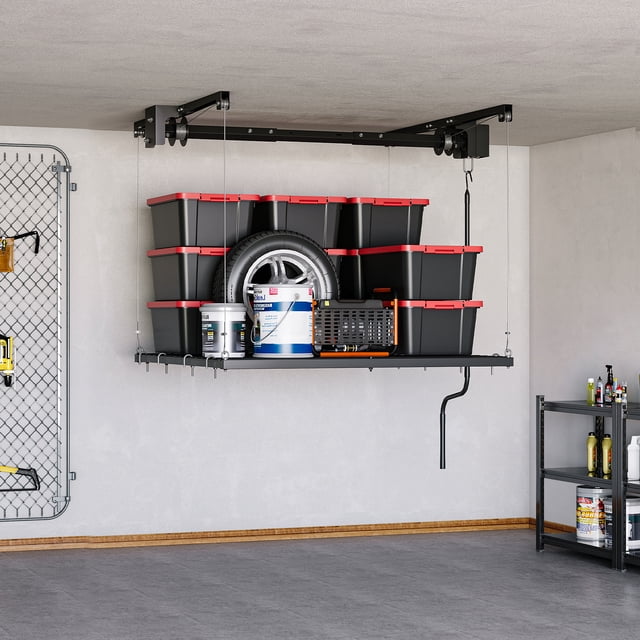 Garage Storage Rack, Adjustable Heavy Duty Ceiling Mounted Storage Racks with Safety Lock, 250 lb Capacity Overhead Garage Storage Rack for Garage