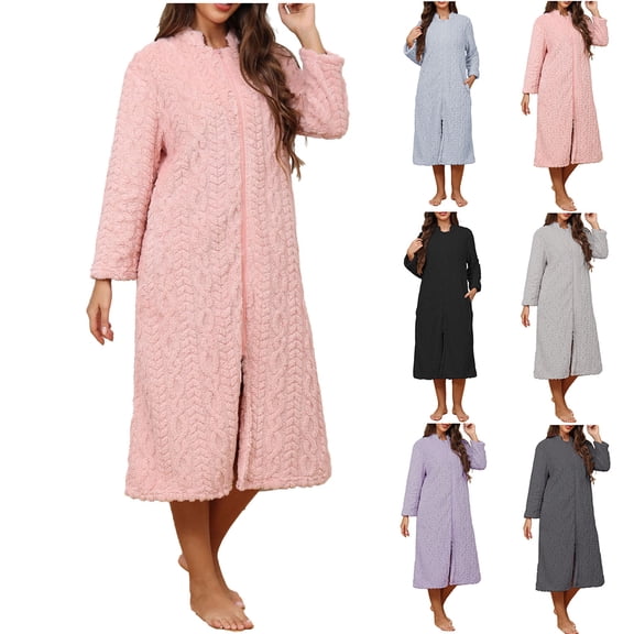 QNANSPI Robes for Women, Soft Women's Bathrobe, Women's Fall Winter Soft Solid Color Long Sleeve Pullover Bathrobe Zip Cardigan Outerwear Sleep Robe