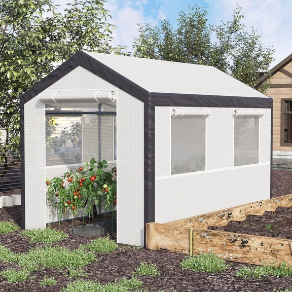 Beyamis Green House Walk-In Outdoor Tunnel Greenhouse - 10 x 7 x 7", PE Cover, Steel Frame, 2 Roll-Up Zipper Doors & 4 Windows, White, Great for Flowers/Vegetables/Tropical Plants