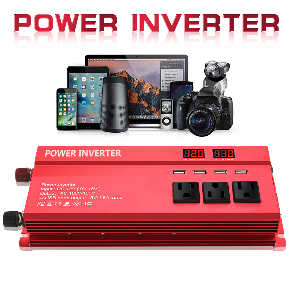 Yinleader 1000 Watts Car Power Inverter Converter DC 12V to AC 110V 4USB 4 Sockets 2LED Display Red