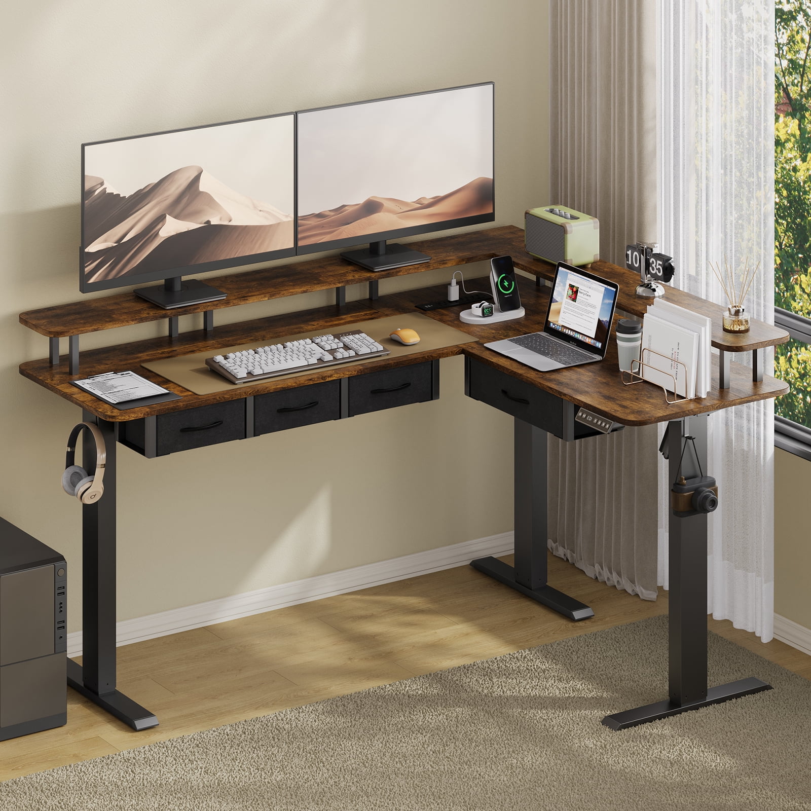 59-inch height-adjustable office desk, L-shaped electric standing desk, equipped with 4 storage drawers, featuring RGB lighting and power socket, corner computer desk, equipped with monitor stand