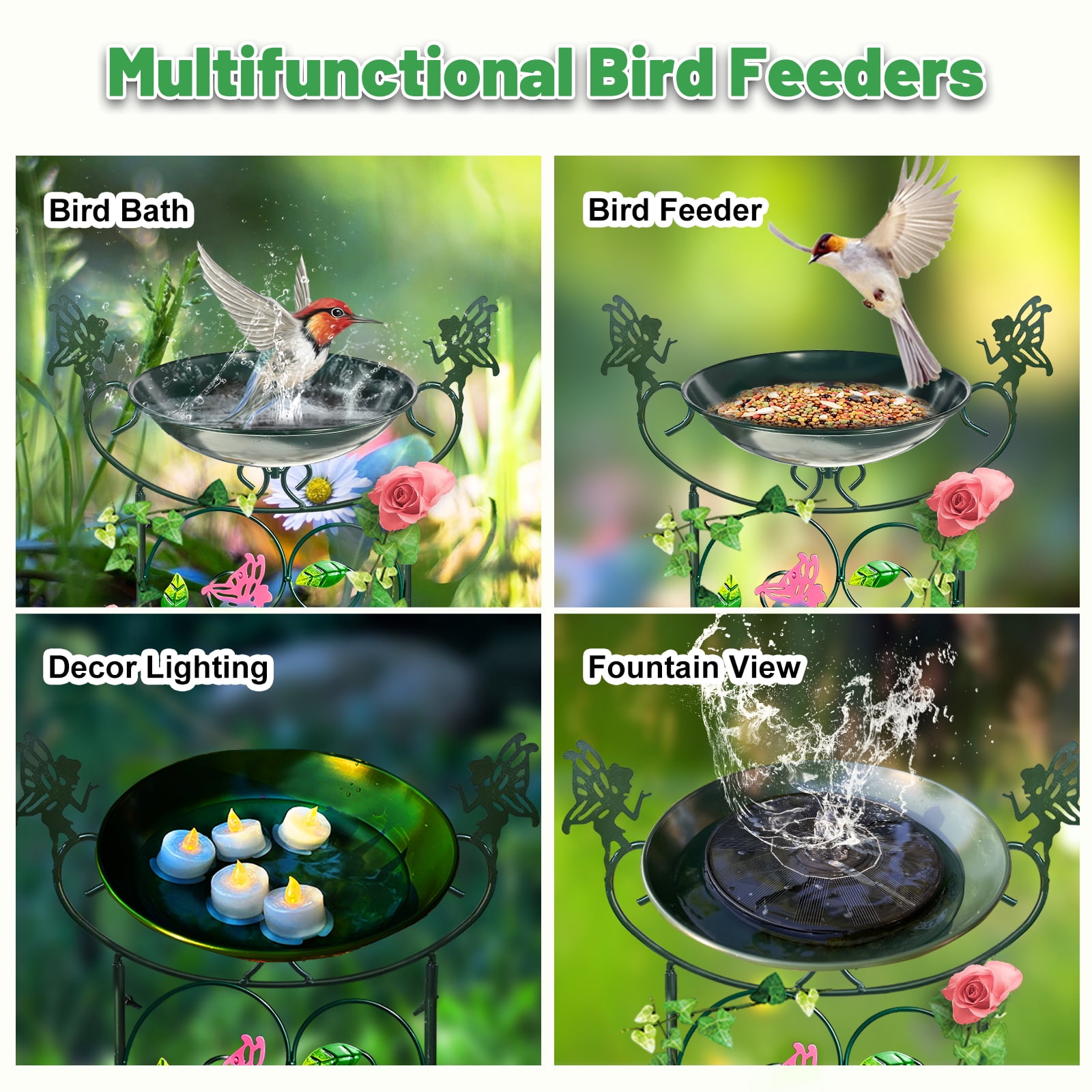 Green Flower Fairy Garden Bird Bath with Trellis and Plant Stake - 36" Height, Hongland Brand (1 Pc)