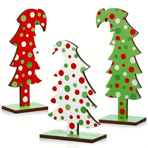 CuiLiyq 3 Pcs Wooden Christmas Tree Tabletop Decorations, Christmas Centerpieces for Table Polka Dot Xmas Tree Sign, Rustic Tiered Tray Decor Table Sign for Home Xmas Holiday Party Decor
