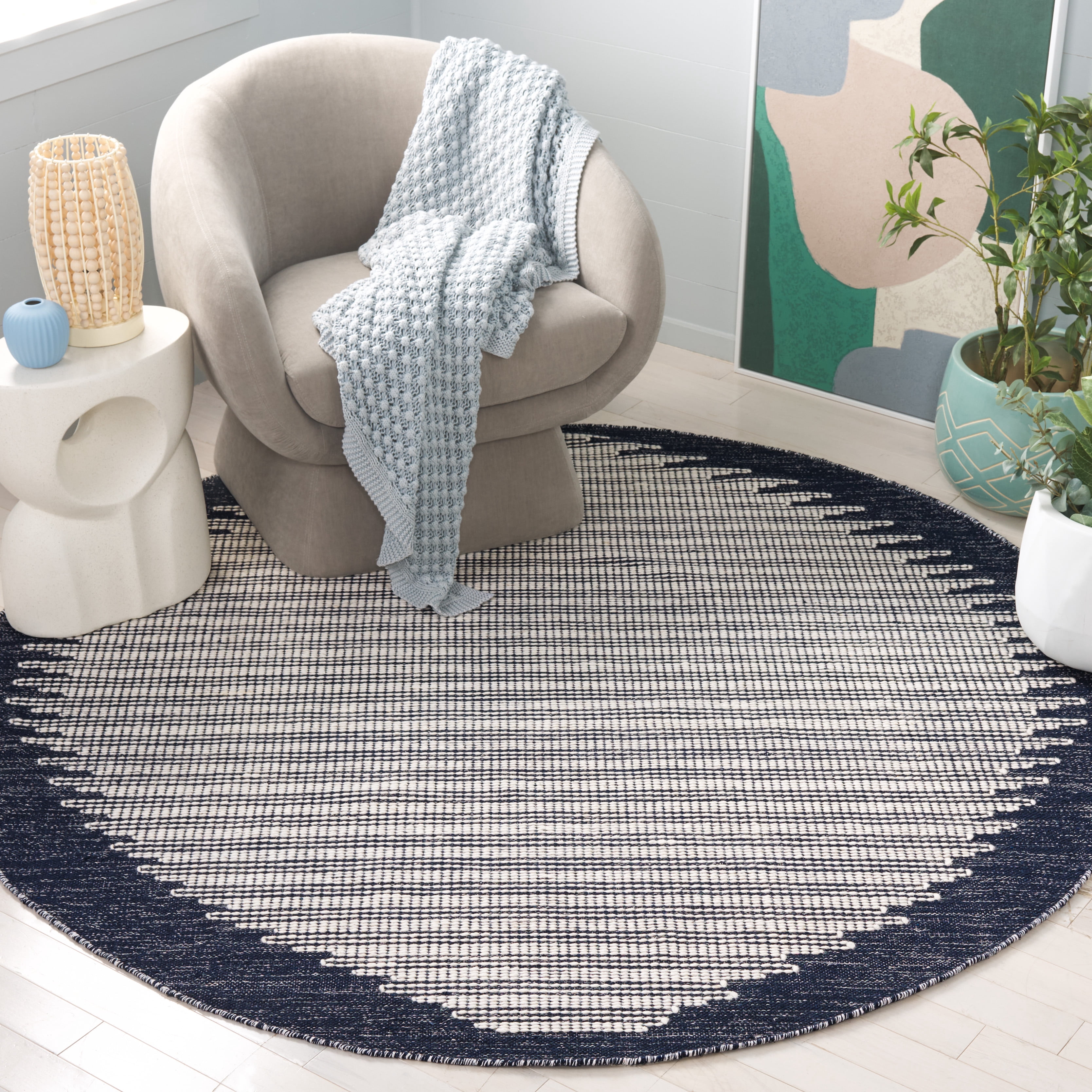 SAFAVIEH Ebony Ainsley Modern Area Rug, Ivory/Navy, 6' x 6' Round