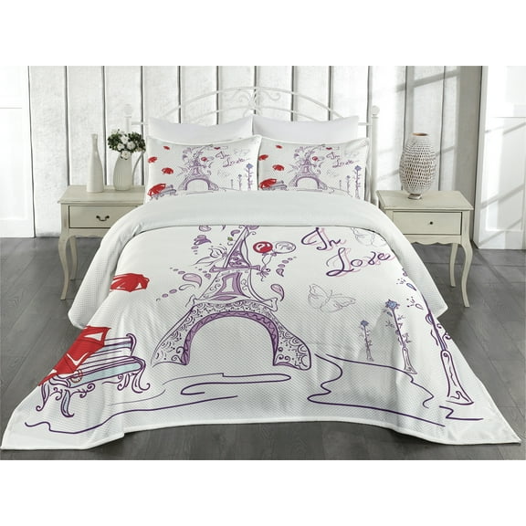Ambesonne Eiffel Tower Quilted Coverlet 3 Pcs, Doodle Romantic Paris, King Size, Lilac Red Pale Blue