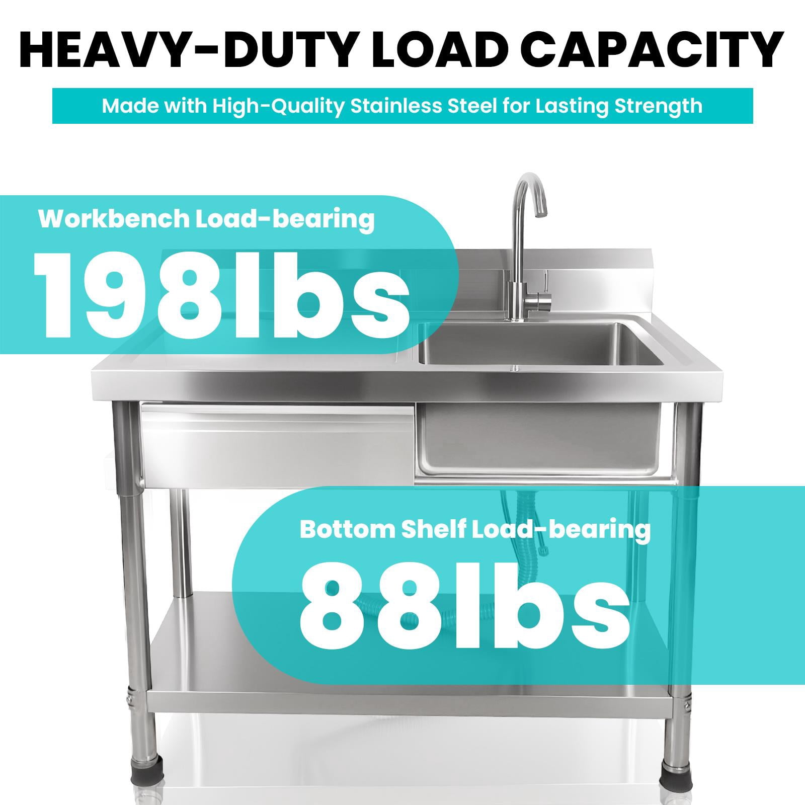 Drawer Stainless Steel Utility Sink,Free Standing Utility Sink With Faucet And Storage Drawer,1.2mm Thick 201 Stainless Steel,Stainless Steel Commercial Sink For Indoor Or Outdoor Use,Silver