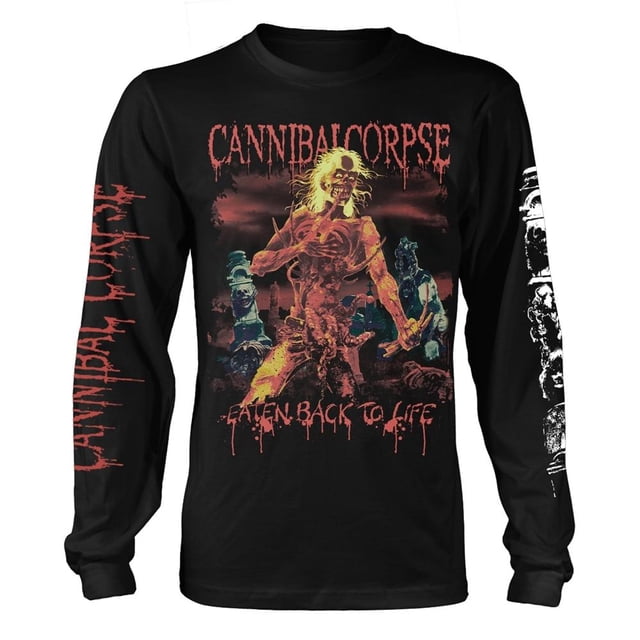 cannibal corpse - camiseta eaten back to life de manga larga para adultos unisex (negro) camiseta negra 100% algodón con estampado frontal de portada en rojo y amarillo que muestra figura esquelética, logotipo "CANNIBAL CORPSE" arriba y texto "EATEN BACK TO LIFE" abajo; serigrafía en ambas mangas, cuello redondo, puños entallados y pre-encogido, ajuste regular, ideal para uso casual o en conciertos.