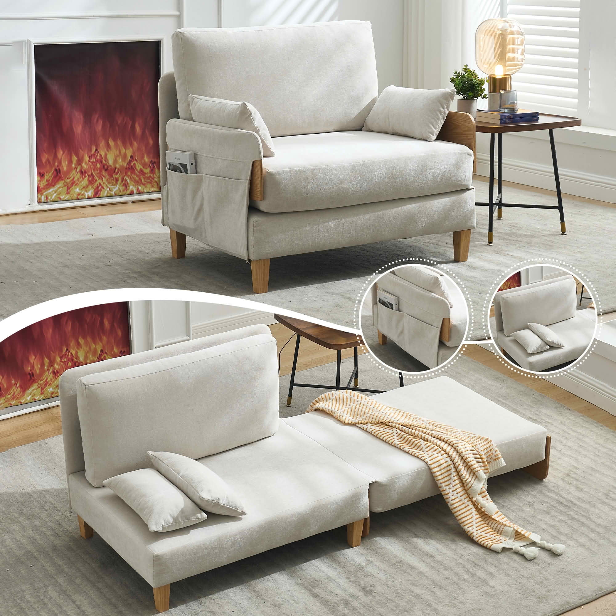 MAYEERTY Mid-Century 3-in-1 Sofa Bed, Foldable Convertible Sleeper Couch with Pillows for Small Bedroom & Apartment