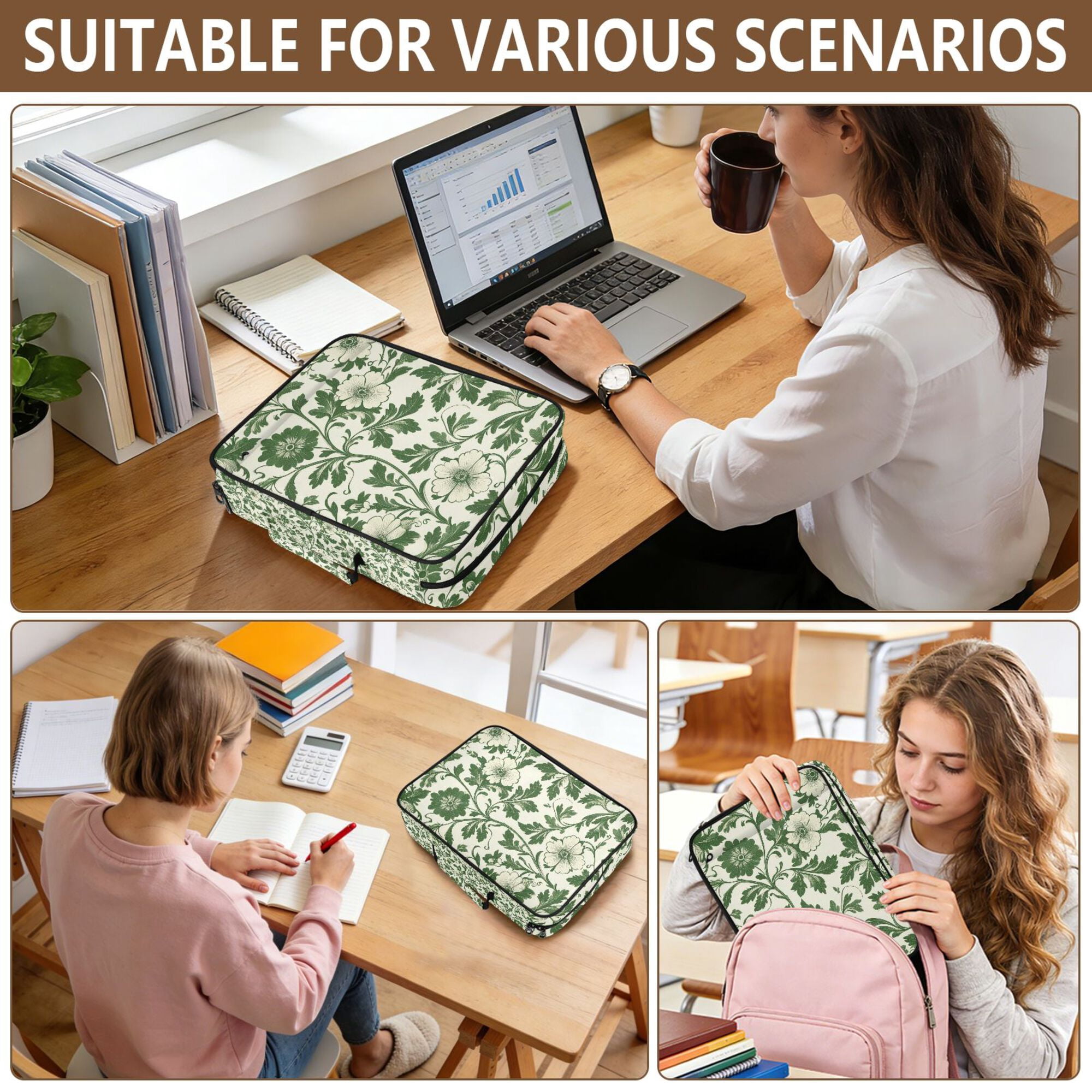 FORMRS Accordion File Folder A4 Size 7-Pocket Expanding Document Organizer Bag with 3 Ring Binder, Green Floral
