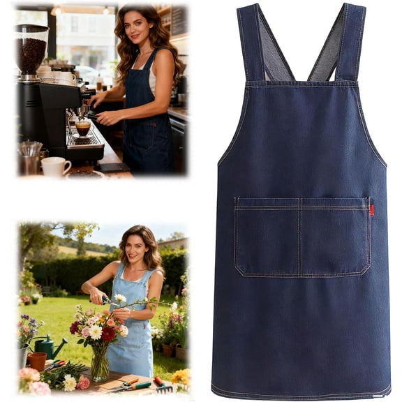 Adult Cotton Kitchen Apron with Front Pocket, Lightweight Denim-Style Cross Back Apron