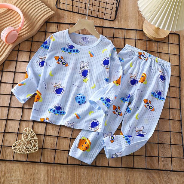 Pijama de verano Honeeladyy para niños pequeños, de 2 piezas, de algodón con estampado de dibujos animados, de manga larga, fino y suave, para vacaciones, viajes y vacaciones (azul, 9-10 años)