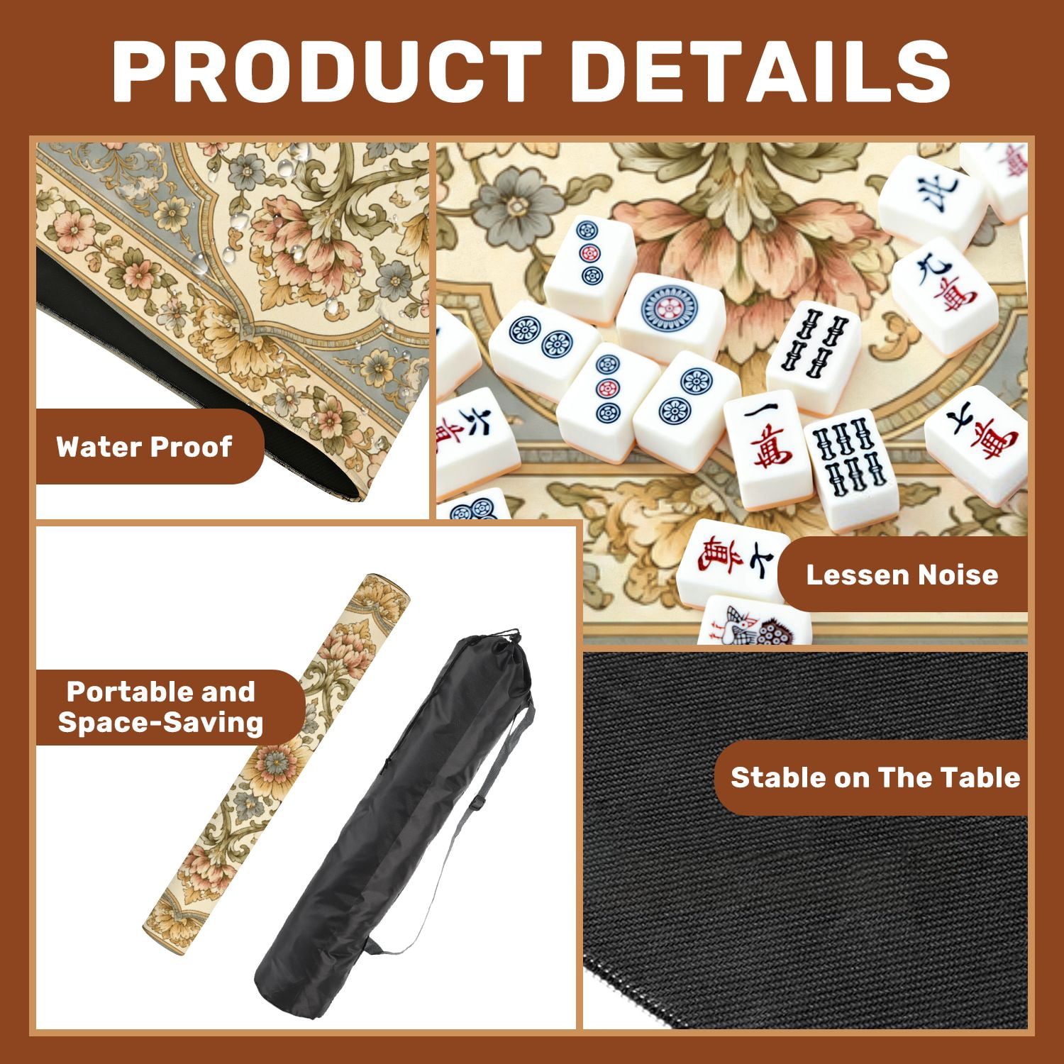 Mahjong Mat 31.5" x 31.5" Ornate Floral Bird Elegant Intricate Details Non-Slip Noise Reduction Mahjong Tiles Table Cover for Dominoes Poker Card Board and Tile Games