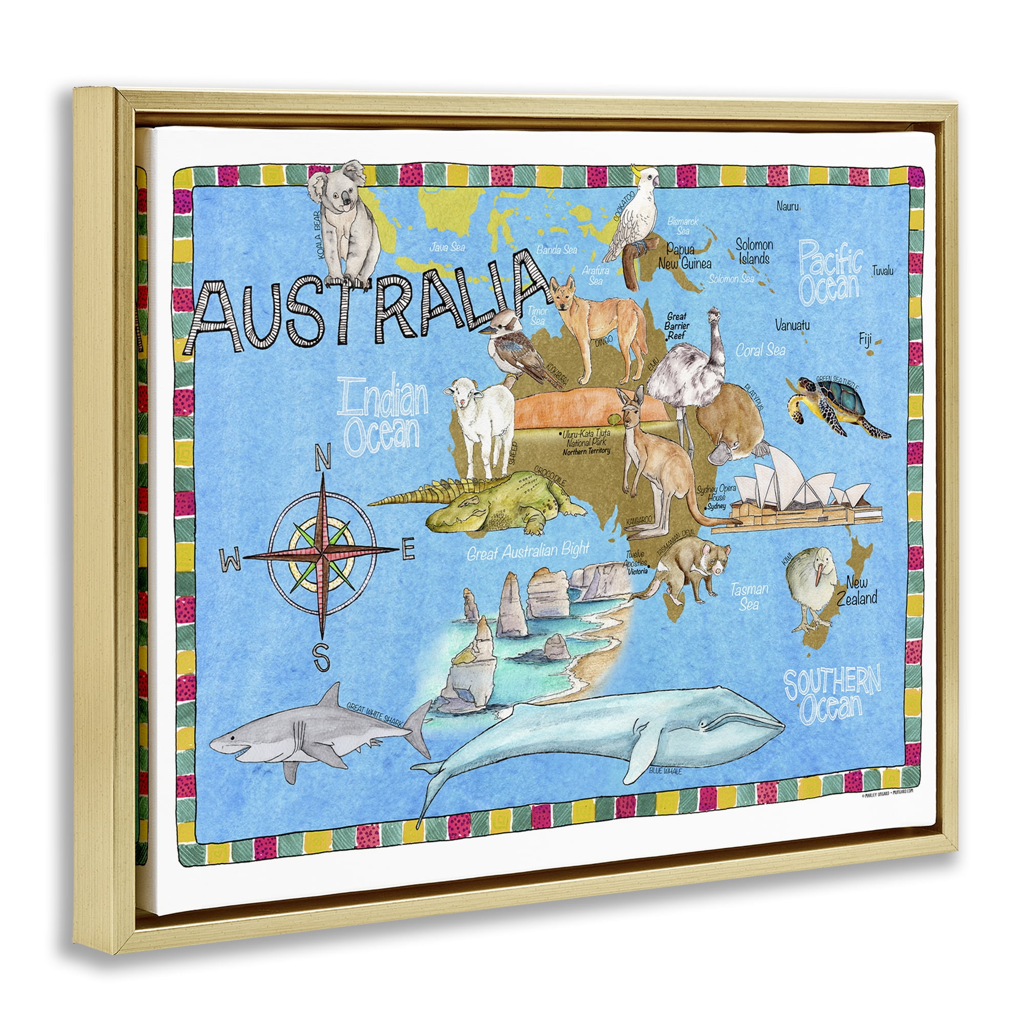 Stupell Industries Australia Animal Map Town & City Painting Gold Floater Framed Art Print Wall Art, 21 x 17