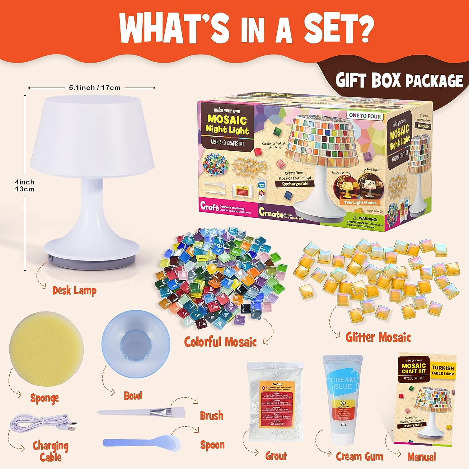 Make Your Own Mosaic Night Light Kit Arts and Crafts for Kids Ages 8-12 DIY Stained Glass Set Crafts Kit for Teens Adults Creativity Rechargeable Turkish Table Lamp Toys Girls Boy Birthday Gift