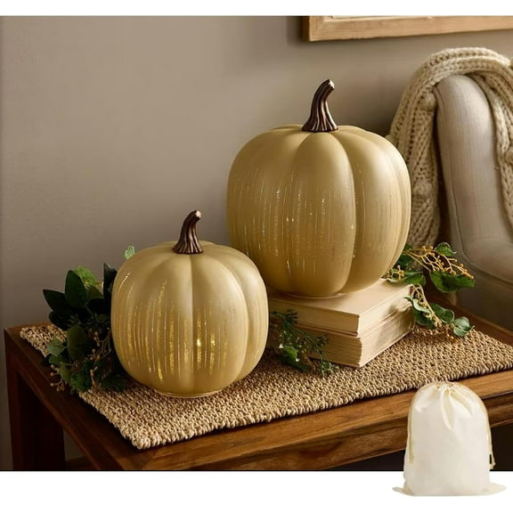 Twinkle Light Pumpkins, Set of 2 Illuminated Starry Night Glass Pumpkins, Halloween Twinkle Light Pumpkins, Twinkle Led Pumpkin Lights with Starry Night Design for Home Bedroom (White-7''+9'')