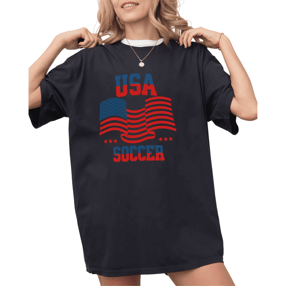 UNISHE Women's USA Soccer American Flag Graphic Short Sleeve T-Shirt Black S-5XL Casual Crewneck Top