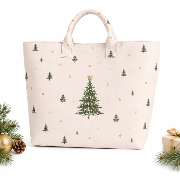 Fmbmuo Christmas Tote Bag for Women, Tree Print Festive Handbag Organizer, Large Shoulder Handbag for Holiday Shopping