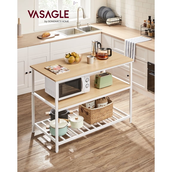 VASAGLE Isla de Cocina con Encimera Grande, Estantería de Cocina, 3 Niveles, Marco de Acero, 60 x 120 x 90 cm, Roble y Blanco MKKI001W09