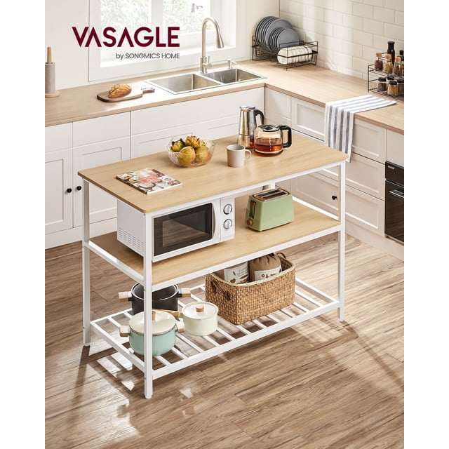VASAGLE Isla de Cocina con Encimera Grande, Estantería de Cocina, 3 Niveles, Marco de Acero, 60 x 120 x 90 cm, Roble y Blanco MKKI001W09