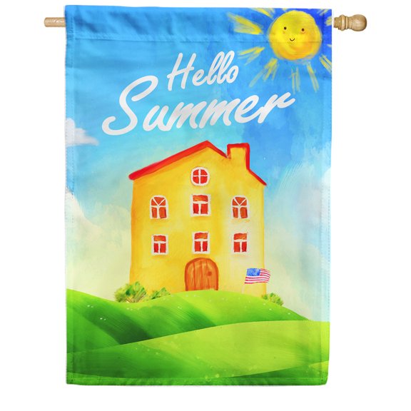America Forever Hello Summer Sun House Flag 28 x 40 inches Patriotic Yellow House Countryside Smiling Sun Double Sided Seasonal Bright Yellow Sunshine Yard Outdoor Decorative Welcome House Flag