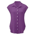 thumbnail image 3 of Fatuov Womens Button Down Shirts Summer Cotton Linen Short Sleeve Plus Size Tops for Beach Solid Color Turndown Collar Casual Blouses Purple, 3 of 5