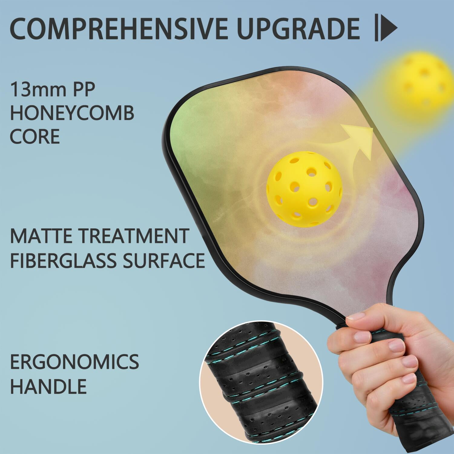 Pickleball Paddles Set Of 2, Fiberglass Surface, Fluid Smoke Aurora Art Style, 4 Balls & Bag