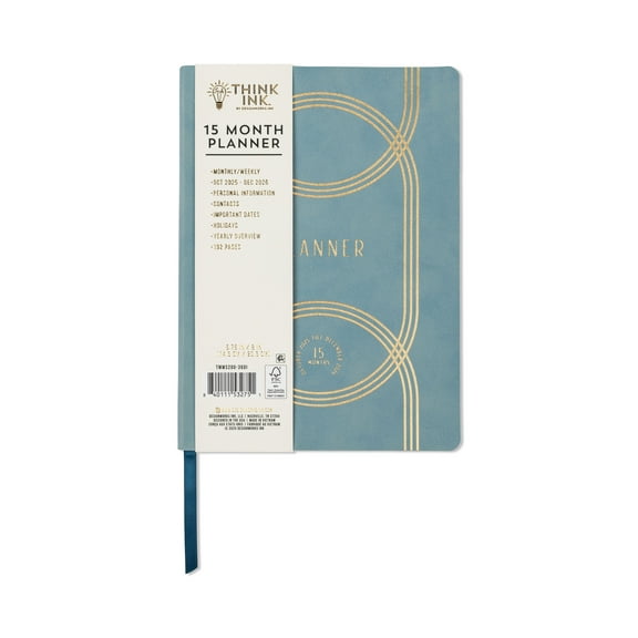 Think Ink 6" x 8" Blue Flex Planner, 15-Month Monthly & Weekly Agenda with Gold Foil Linked Design