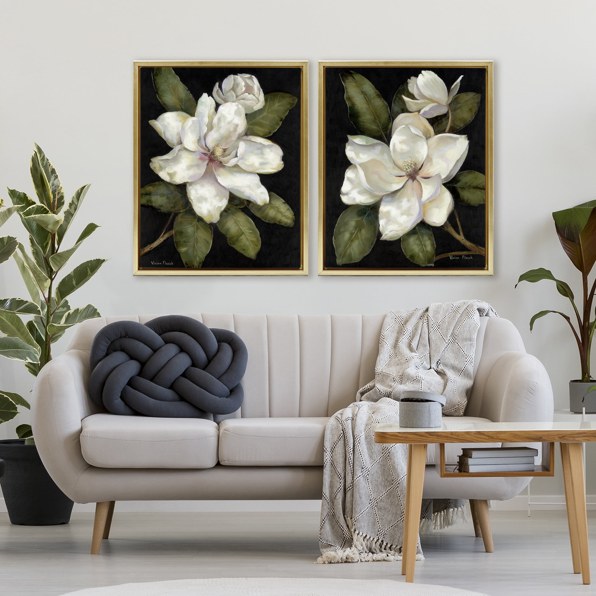 Stupell Industries Magnolia Buds & Blooms 2 Piece Gold Framed Floater Canvas Set, design by Nan