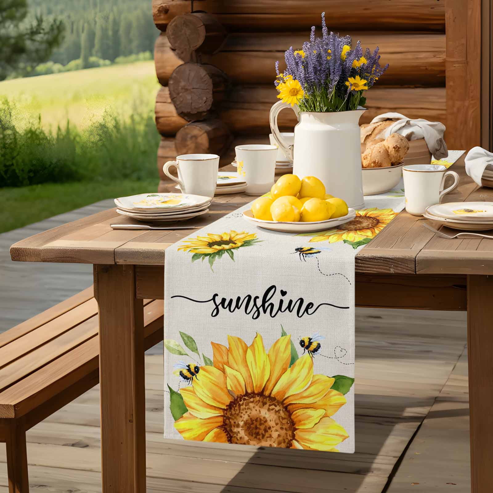 Sunflower Bee Leaves on Linen Table Runner 90 Inches Long, Summer Sunshine Quote Table Runners Tabletop Scarf Kitchen Dining Tables Decoration for Home Party Indoor Outdoor