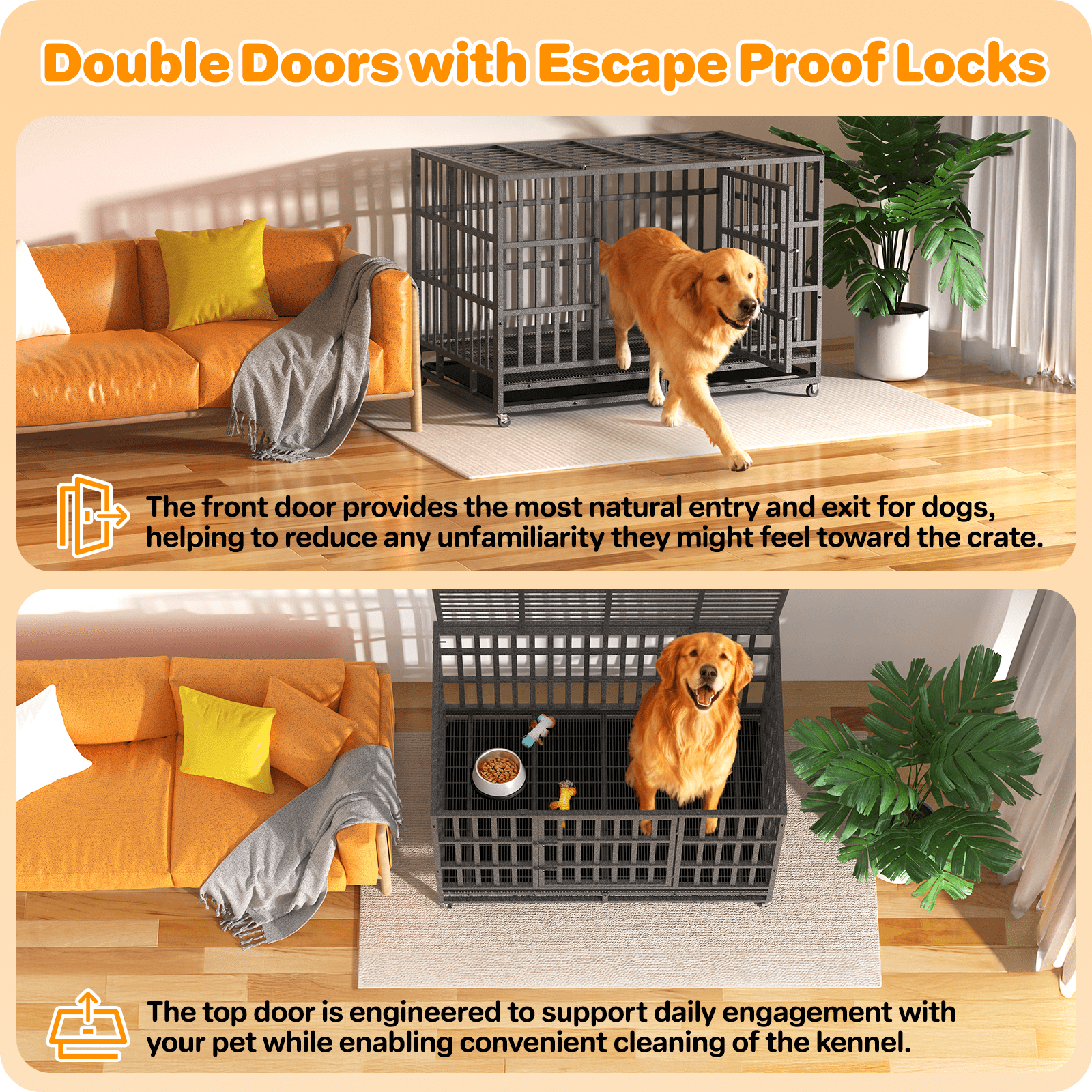 YOKWOK 48 Inch Heavy Duty Dog Crate for Large Dogs, Indestructible Chew Proof Steel Escape Proof Dog Cage for High Anxiety, XL Metal Dog Kennel with Locking Wheels and Removable Tray