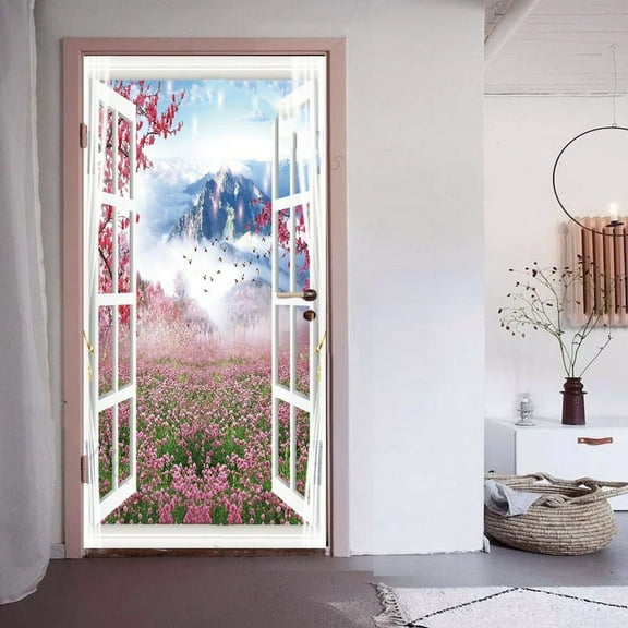 D Pink Flower Door Sticker Self Adhesive PVC Setting Sun Pink Natural Scenery Door Sticker Wallpaper