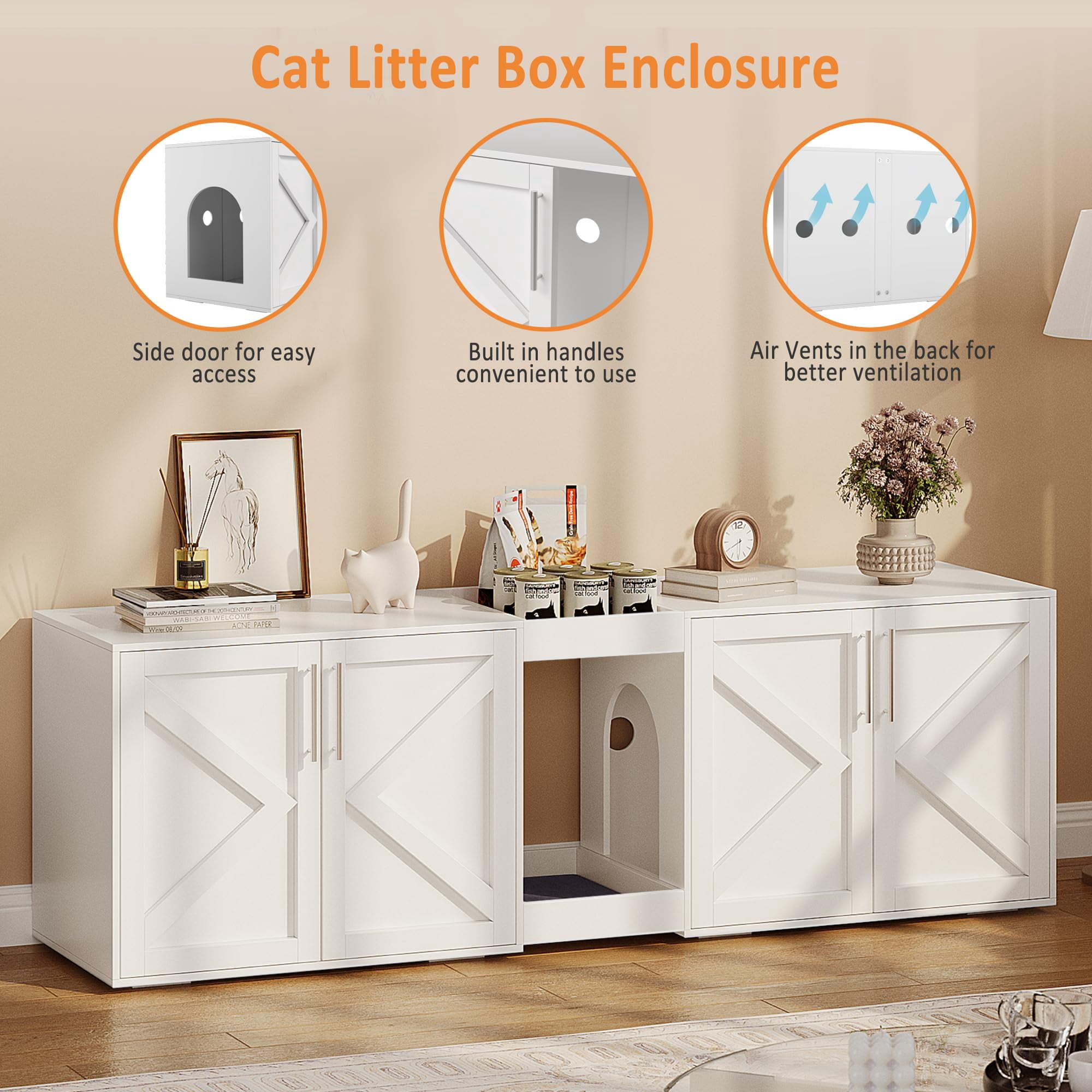 55" Large Cat Litter Box Enclosure for 2 Cats,Litter Box Enclosure with Double Cage,Hidden Cat Litter Box Furniture with Double Room and Cushion,Wooden Kitty Litter Box Cabinet Furniture,Cat House