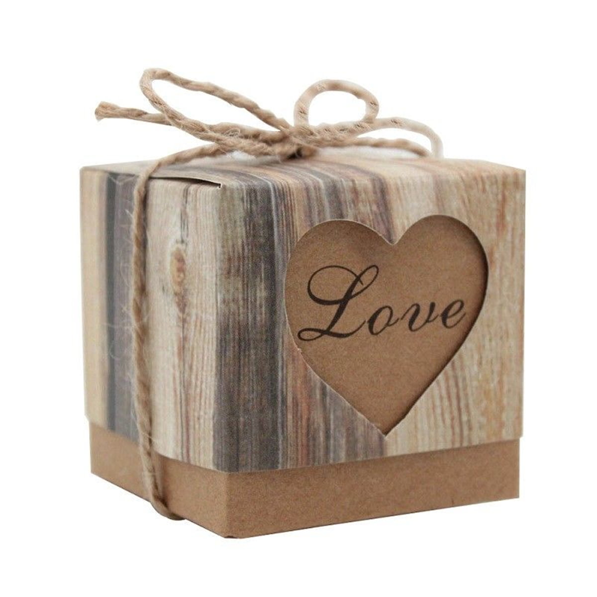 10-100pcs Wedding Love Heart Rustic Kraft Candy Boxes Hemp Rope Gift Favor 