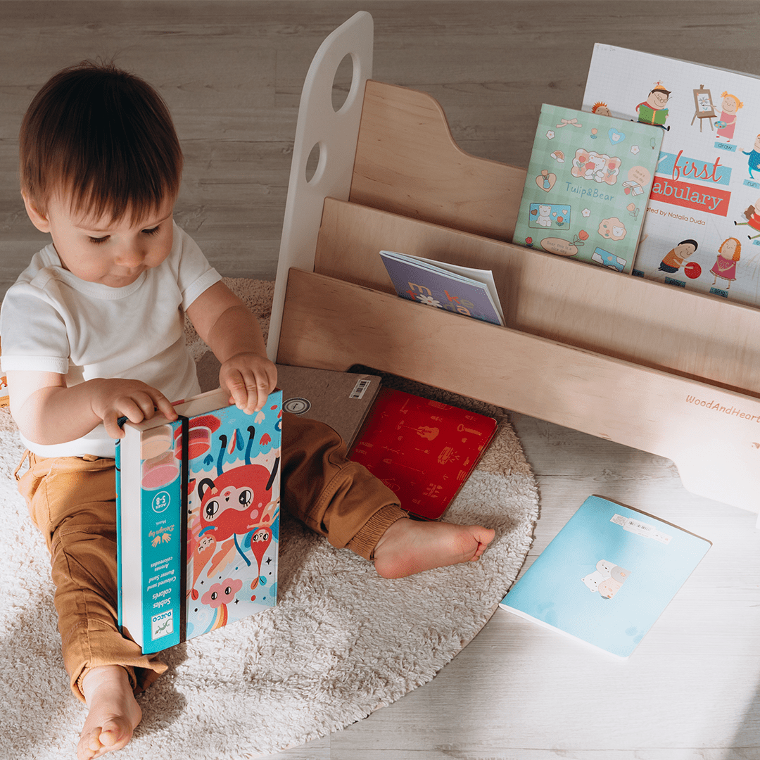 WoodandHearts Montessori Wooden 2-Shelves Adam Floor Bookshelf for Toddlers, White and Natural Wood