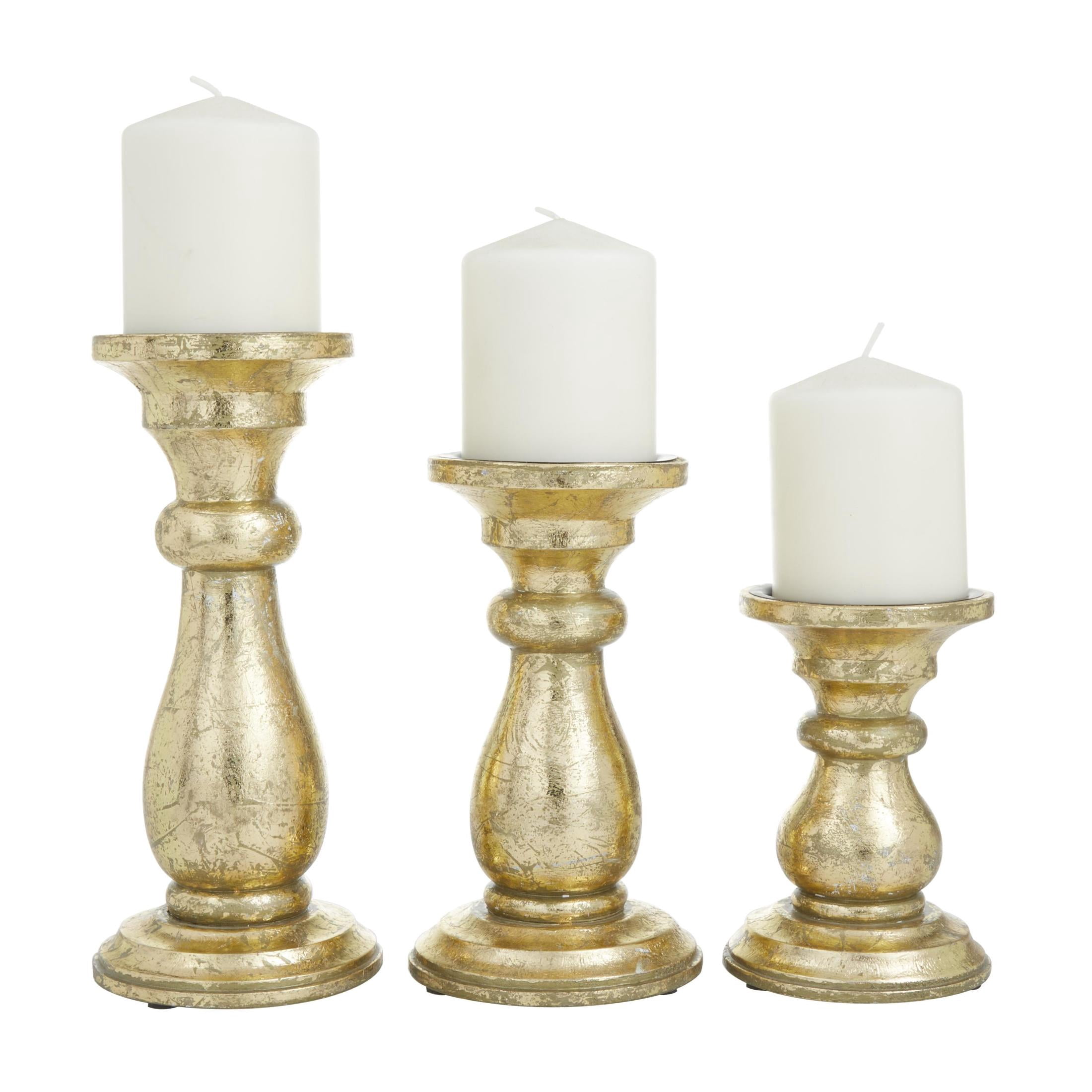DecMode 3 Candle Gold Mango Wood Turned Style Pillar Candle Holder, Set of 3