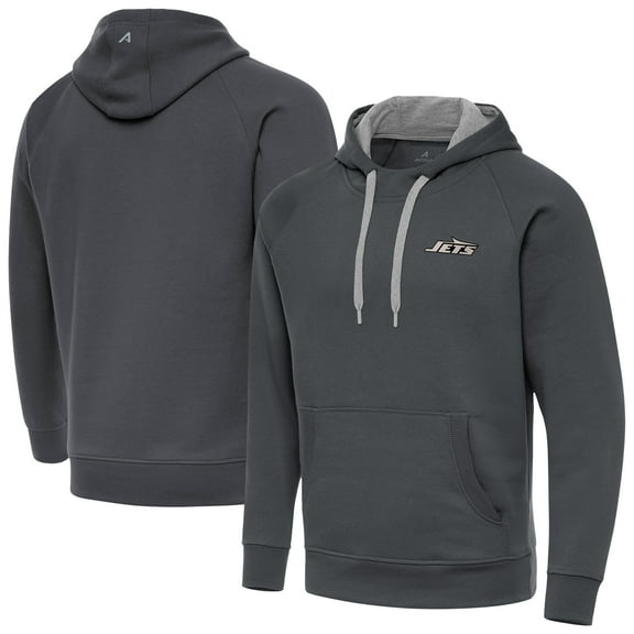 Men's Antigua Charcoal New York Jets Brushed Carbon Victory Pullover Hoodie