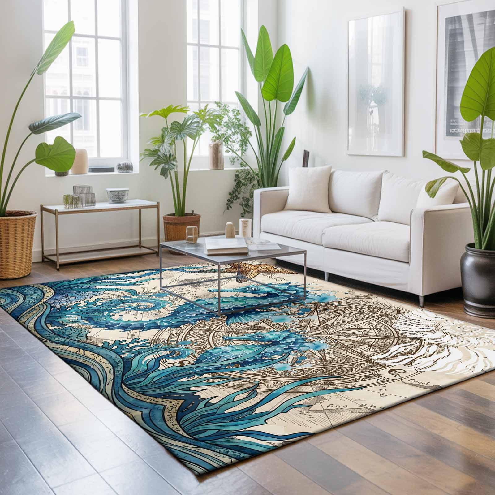 Area Rugs 2.7'x5', Nautical Coastal Carpet Runner Indoor Outdoor Rugs Home Decor Aesthetic, Retro Marine Life Seahorse Compass Map Beige Non Slip Mats Washable Accent Rug for Living Room Bedroom