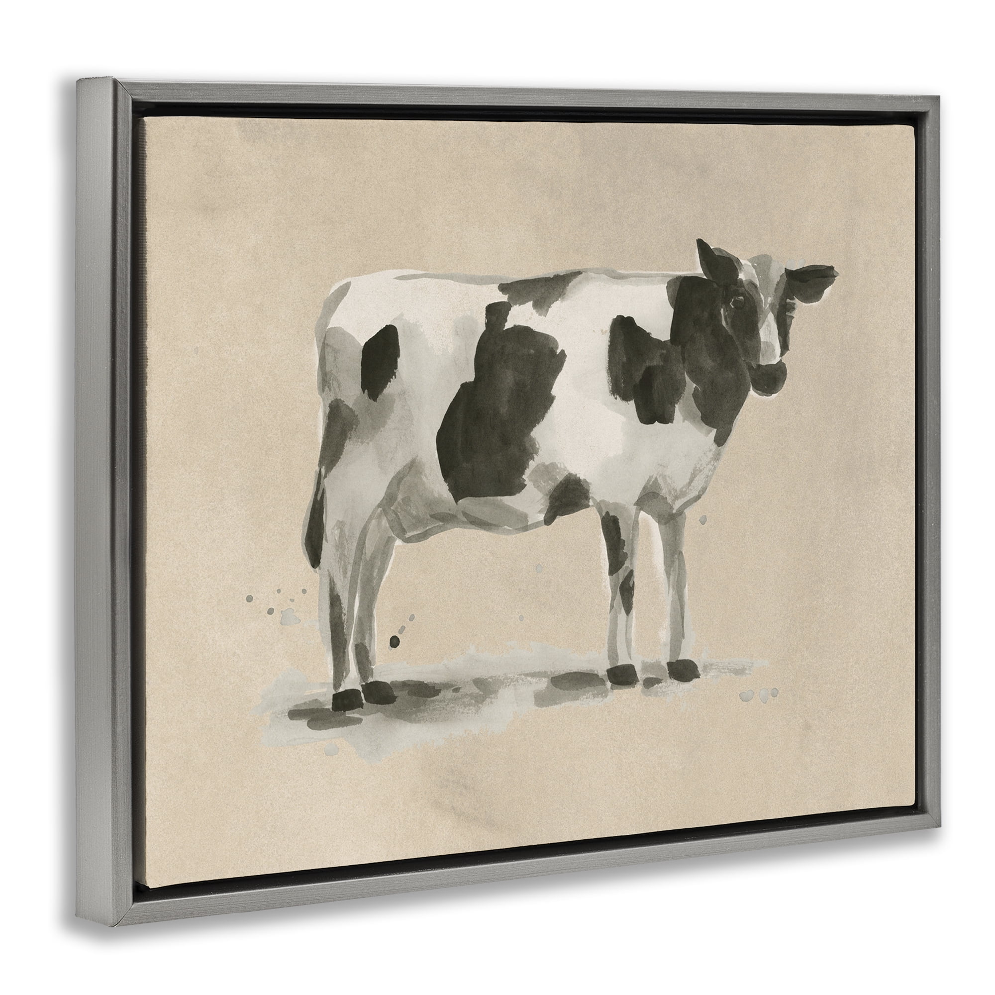 Stupell Industries Traditional Cow on Beige Animals & Insects Painting Gray Floater Framed Canvas Art Print Wall Art, 31 x 25