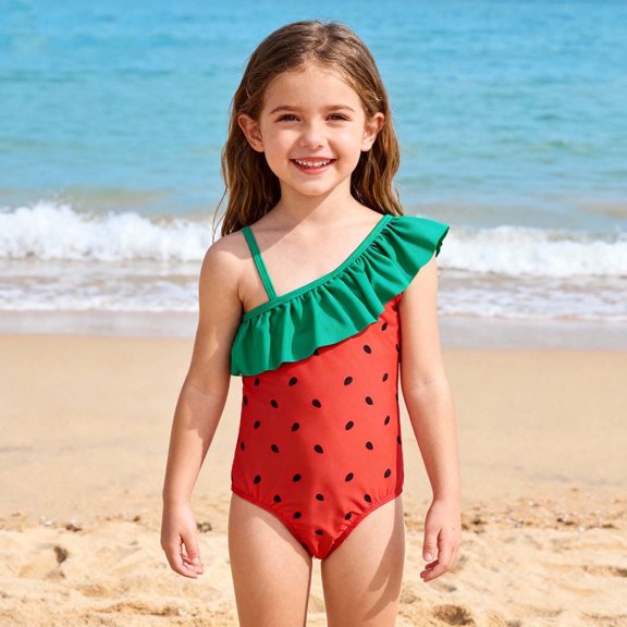 Kids Girls Watermelon Swimsuit One Piece – Off Shoulder Ruffle Bathing Suit with Polka Dot Print – UPF 50 Sun Protection Swimwear for Little Kids 2T 3T 4T 5 6 7,Size 5 T