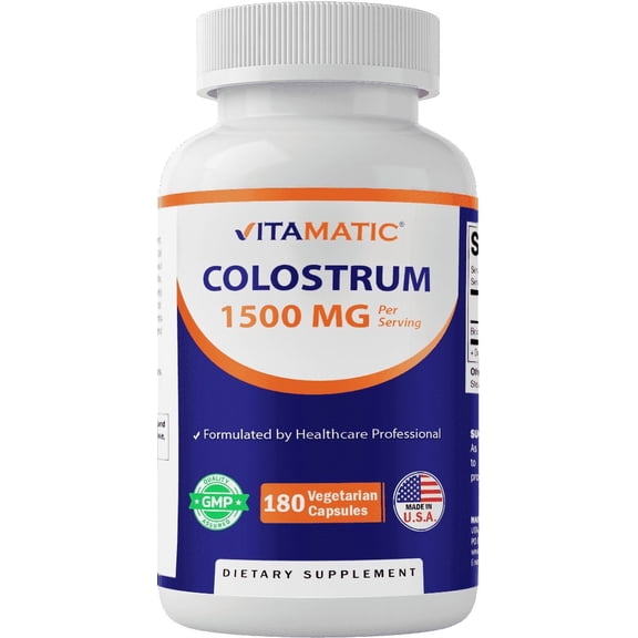 Vitamatic Bovine Colostrum 30% IgG Supplement 1500 mg per Serving - Supplement for Gut Health, Hair Growth, Beauty, Muscle Recovery, & Immune Support - 180 Veg Capsules