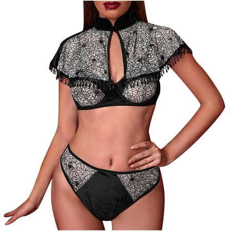 

JeashCHAT Lingerie for Women Sexy Women s Halloween Print Lingerie Bra + Panties + Tassel Shawl Set Sexy Bra Erotic Lingerie Set