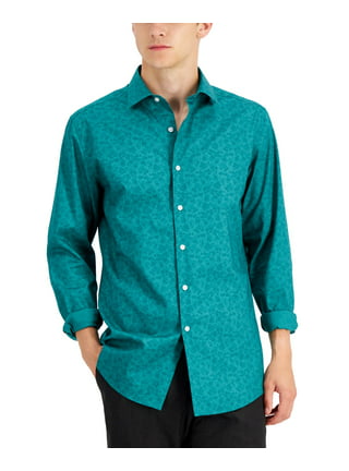 Bar III Camisa de vestir con botones florales de mezclilla para hombre,  azul, cuello de 15.5 pulgadas, manga de 32 a 33 pulgadas bar III Botones al  frente