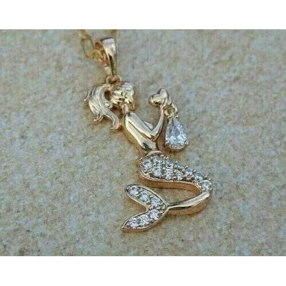 1Ct Real Moissanite Women's Mermaid Pendant Necklace 14K Yellow Gold Finish
