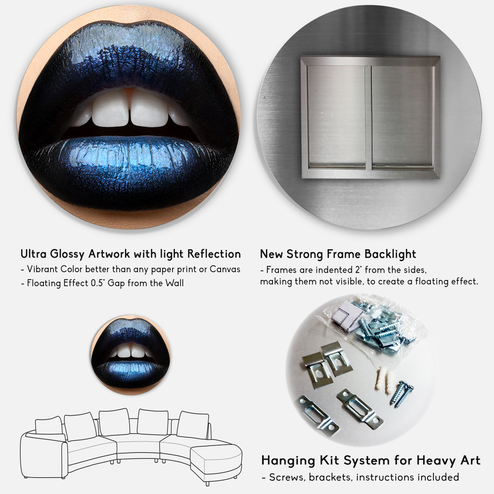 Designart 'Girl Lips With Black and Blue Lipstick' Modern Circle Metal Wall Art 23x23 - Disc of 23