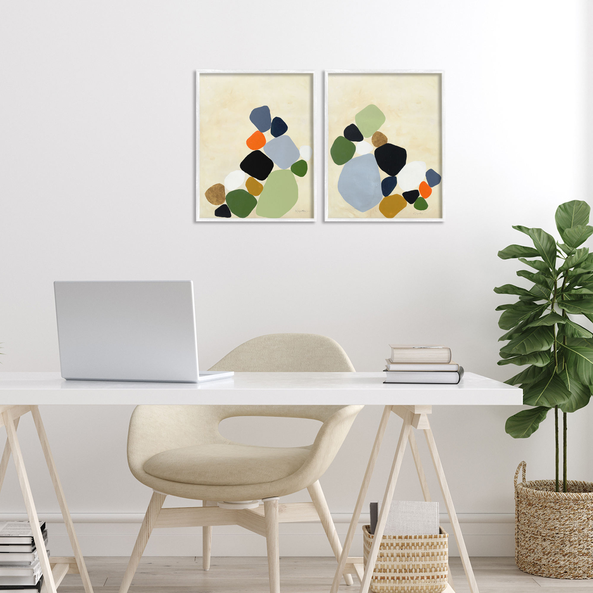 Stupell Industries Curved Clusters of Pebbles 2 Piece White Framed Giclee Art Set, design by Ruth Fromstein