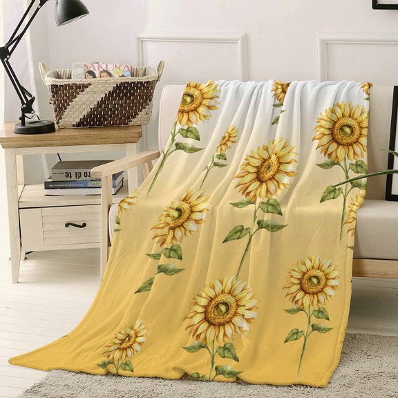 Fleece Blanket Farm Sunflower Yellow Gradient Blankets, Soft Cozy Warm Flannel Throw Blanket, Blossom Floral Green Plant Blanket for Bed Couch Sofa,40x50In