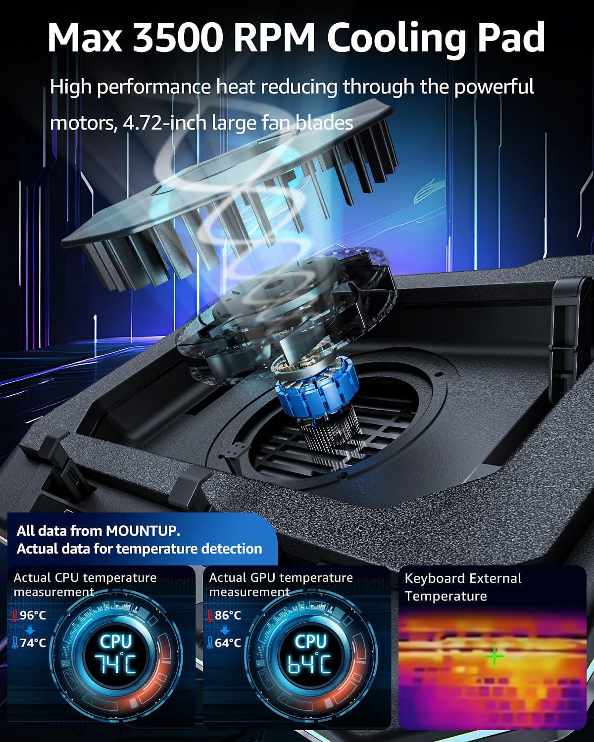 Gaming Laptop Cooling Pad, Height Adjustable Fan Pad for Max 19 Inches Notebook, RGB Cooler Stand with Powerful Turbofan (3500 RPM), Touch Control