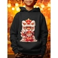 thumbnail image 3 of Happy New Year Cartoon Lion Dance Print Hoodies For Kid Boys - Casual Graphic Design With Stretch Fabric Pullover Sweatshirt, 3 of 9